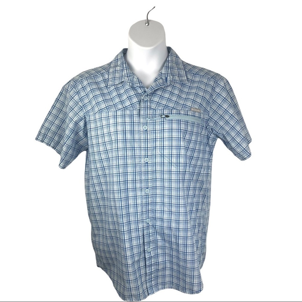 Columbia Blue Short Sleeve Plaid Button Up Shirt With Zipper Pocket Hiking